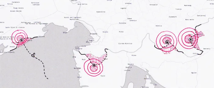 A printed gray map of the northern Adriatic around Trieste, drawn over in pink marker: concentric circles around incident points and hatched areas where the black border is pushed out toward them.