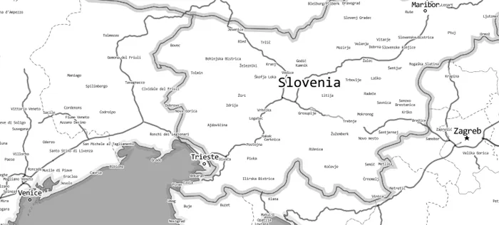 The gray base map around Slovenia, from Venice to Zagreb, with thick gray country borders, thin roads and place names set in a typewriter-like font.