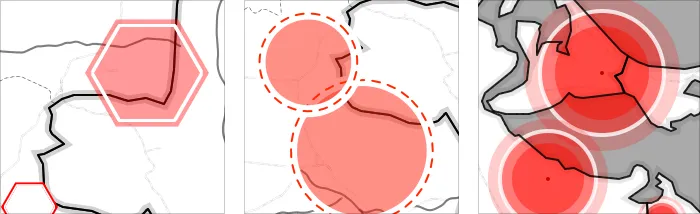 Three marker styles side by side on map fragments: a red hexagon, red circles with dashed outlines, and concentric red circles fading outward over a gray and white map.