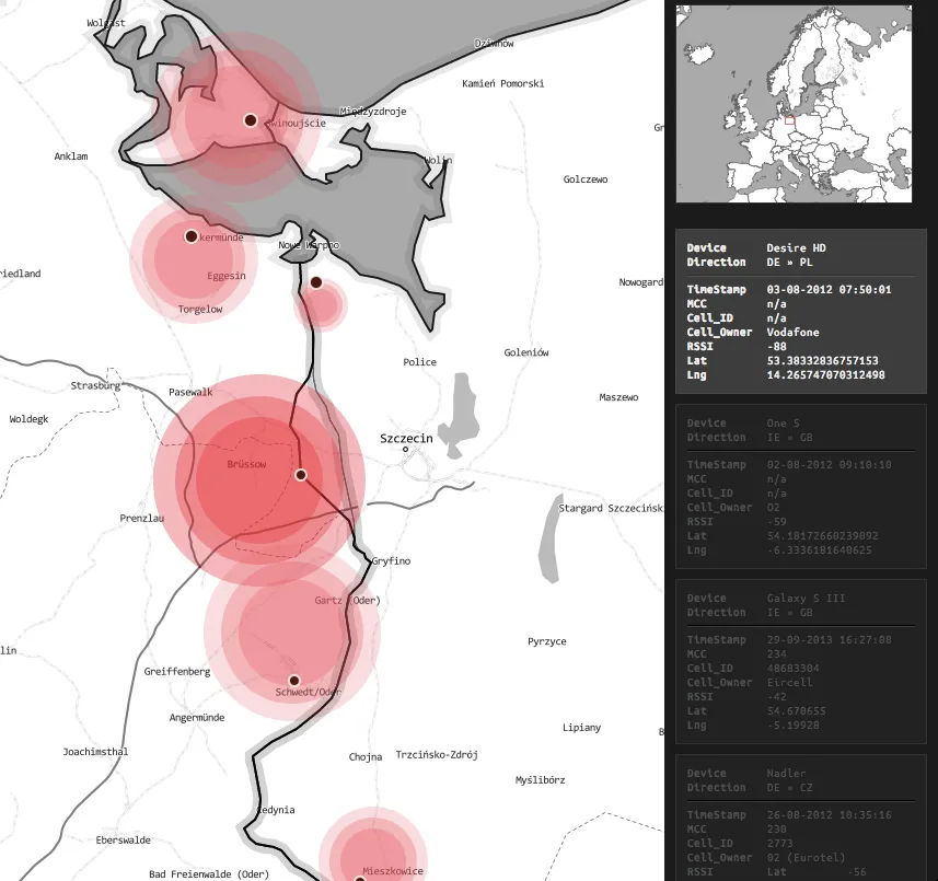 Border Bumping map of the German–Polish border near Szczecin: red circles mark bump incidents along the black border line, which is pulled out of shape around them, and a dark sidebar lists the incidents as tickets with device, crossing direction, timestamp, cell owner, signal strength and coordinates, under a minimap of Europe