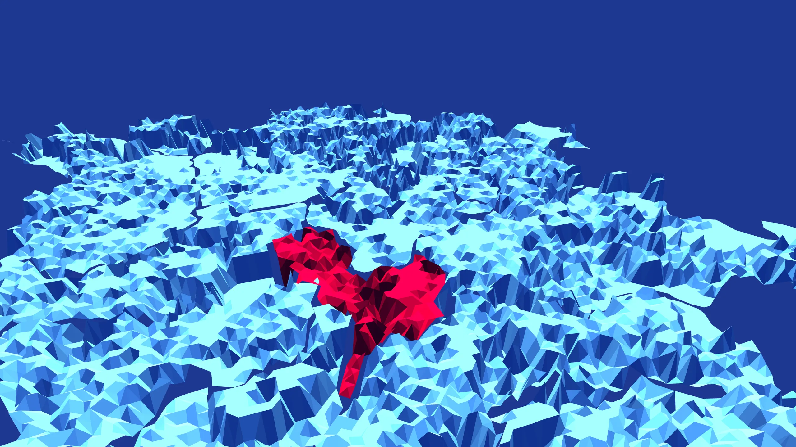 A close, low view across the faceted pale-blue and cyan surface, where one selected district stands out as a jagged crimson patch