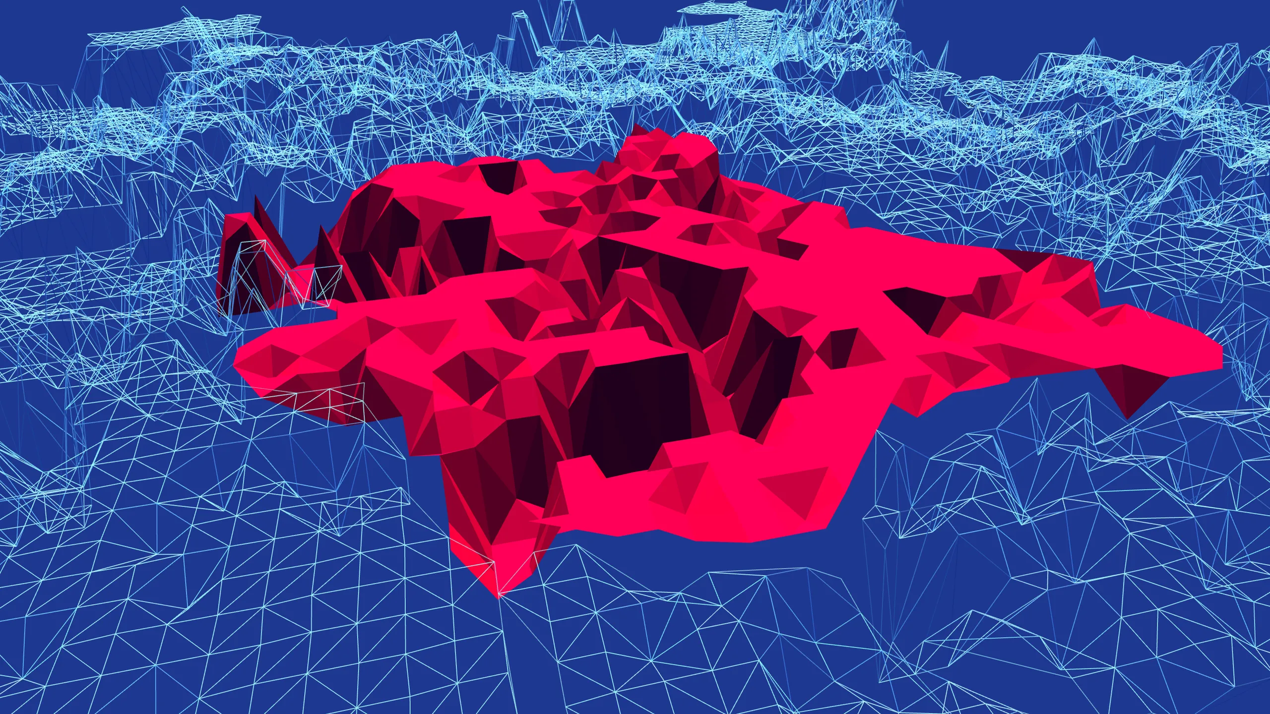 Up close in the wireframe view, a selected district rises as a large solid crimson surface of dark and bright facets out of the pale-blue line mesh