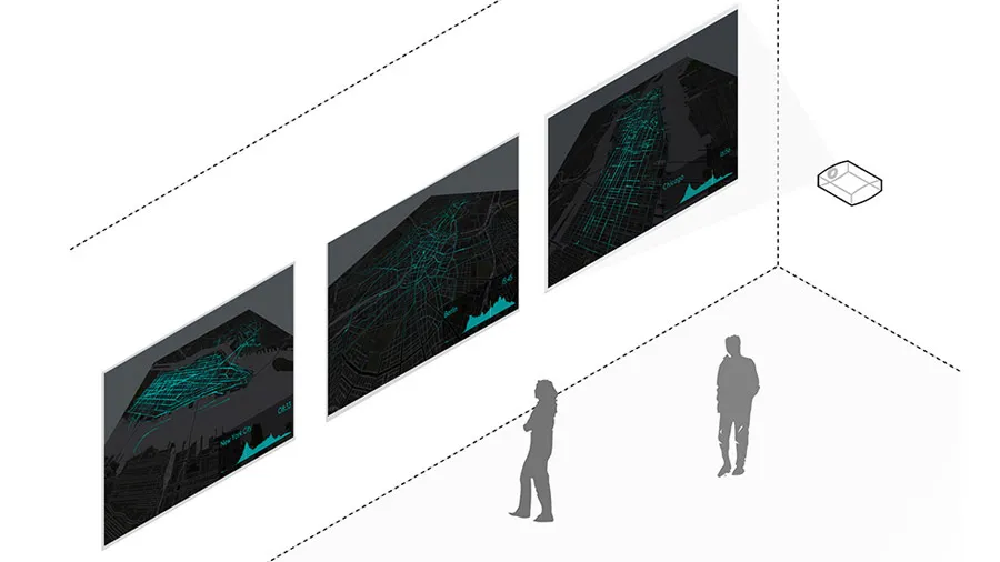 Isometric line drawing of a gallery corner: three framed screens on the wall with dark city maps labeled New York City, Berlin and Chicago, each with a small cyan area chart, two gray human figures standing before them, and a small box-shaped device high on the side wall