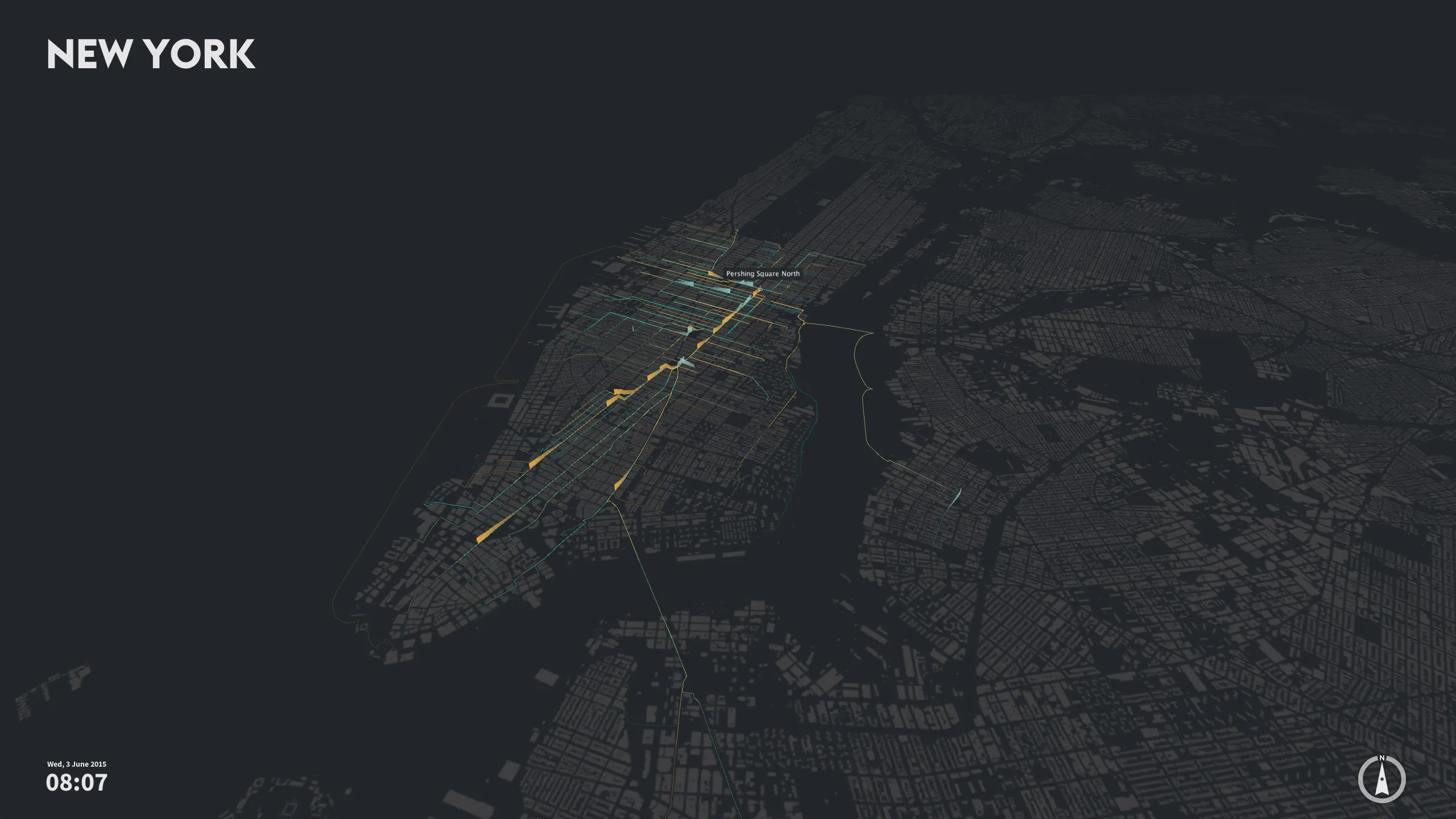 Manhattan at 08:07 on Wednesday, 3 June 2015, dark except for the trips to and from the station Pershing Square North: orange and cyan paths running down the avenues