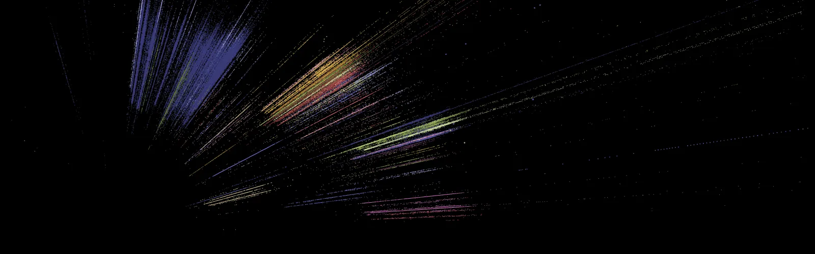 WebGL particle cloud of the full table in perspective: points colored by country stream out from a vanishing point on black in long rays of blue, yellow, red, green and pink, placed by start time, latitude and longitude