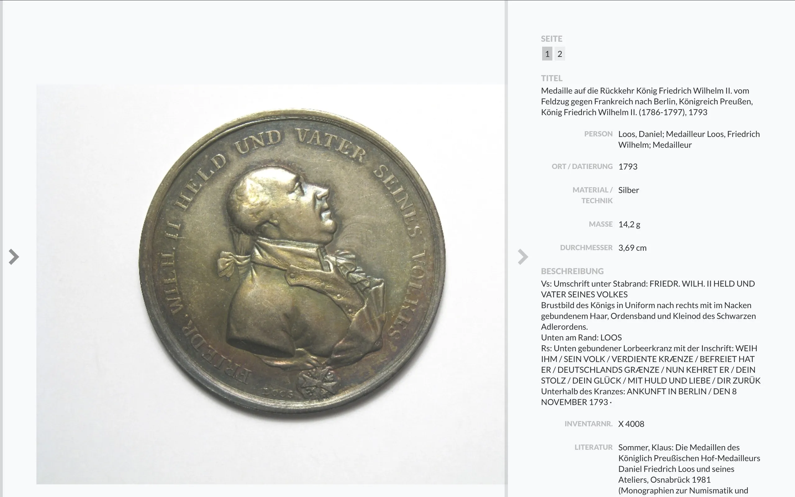 The detail view in VIKUS Viewer: a silver medal from 1793 with the profile of Friedrich Wilhelm II and the inscription »Friedr. Wilh. II Held und Vater seines Volkes«, beside its catalog record with title, medalist, material, weight and description