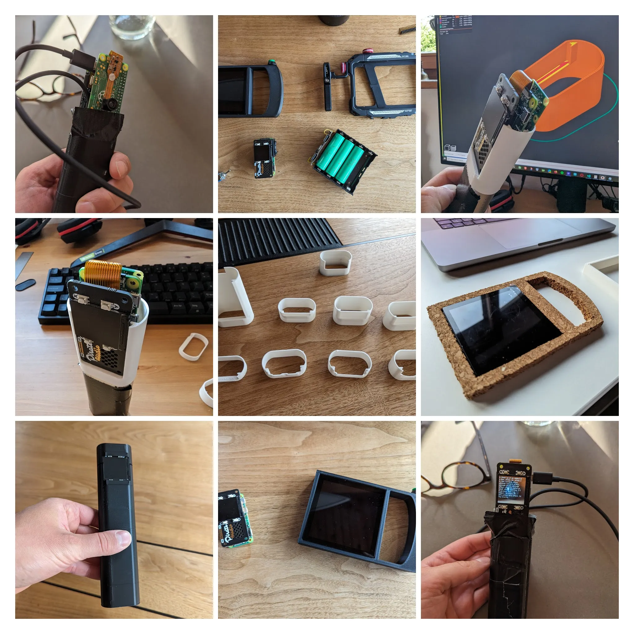 Nine photos of early Transferscope prototypes: bare boards taped to a grip, screens and a four-cell battery holder laid out on a desk, a white printed sleeve held up in front of its CAD model, rows of white 3D-printed rings, a cork-framed display and a slim black handle.