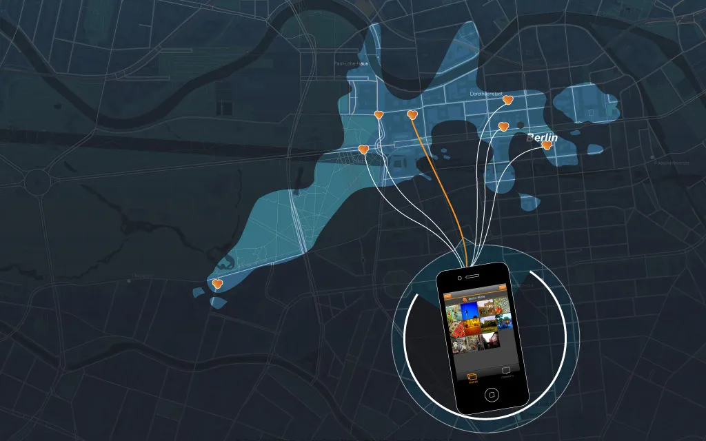 Design render: a phone showing a photo grid sits in a ring on a dark map of central Berlin, and white curved lines fan out from it to orange heart-shaped place markers on a pale blue liquid, one line picked out in orange