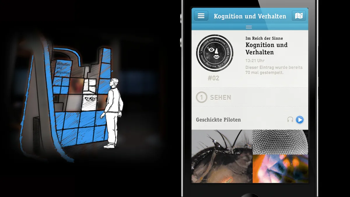 Still from the concept video: a sketched visitor stands at a blue-tiled exhibit wall labelled “Verhalten und Kognition”, next to the phone showing the stamped entry #02 “Kognition und Verhalten” with photos of a fly’s compound eye