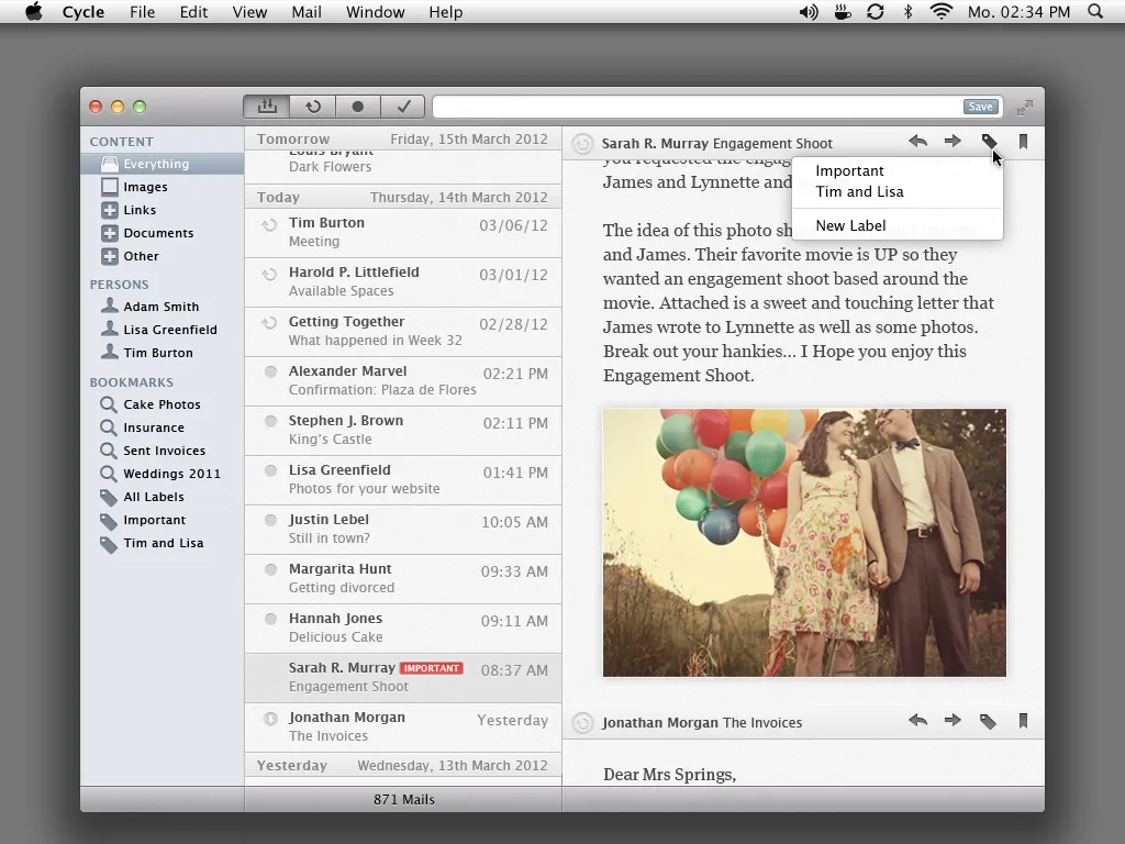 An earlier Cycle layout with a light sidebar of content filters, persons and bookmarks such as »Cake Photos« and »Weddings 2011«; a label menu with »Important«, »Tim and Lisa« and »New Label« drops down over an engagement-shoot mail showing a couple holding balloons