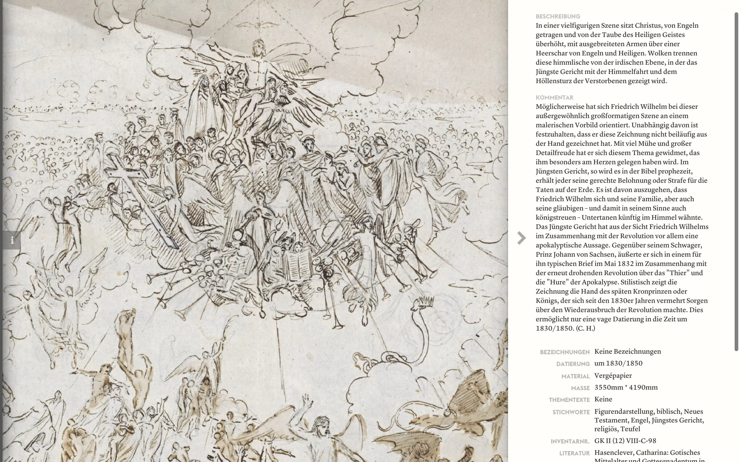 The detail view: a large pen-and-ink drawing of the Last Judgment, with Christ borne by angels above crowds of angels and saints, beside a white sidebar with the German description, commentary and catalog data such as »um 1830/1850« and »Vergépapier«