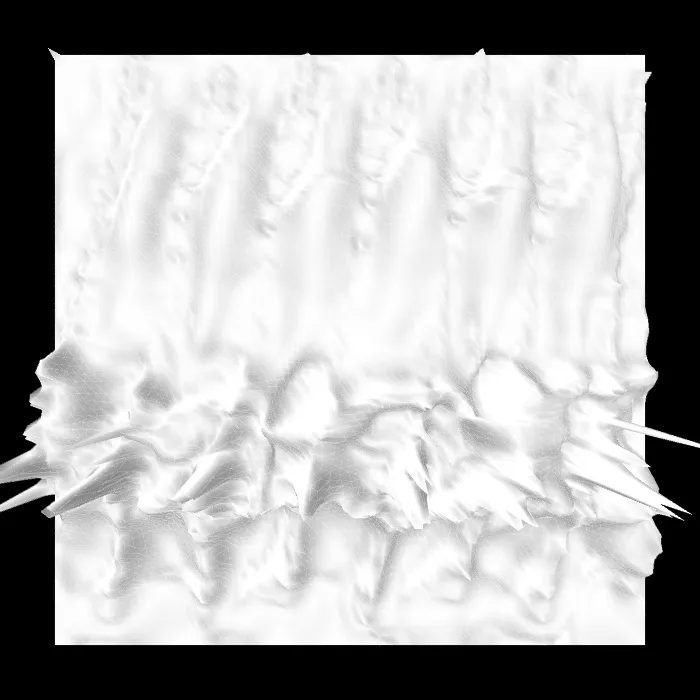 The final net as a shaded white surface on black, softly rippled at the top and churned into folds along a band near the bottom, with spikes shooting out at the sides