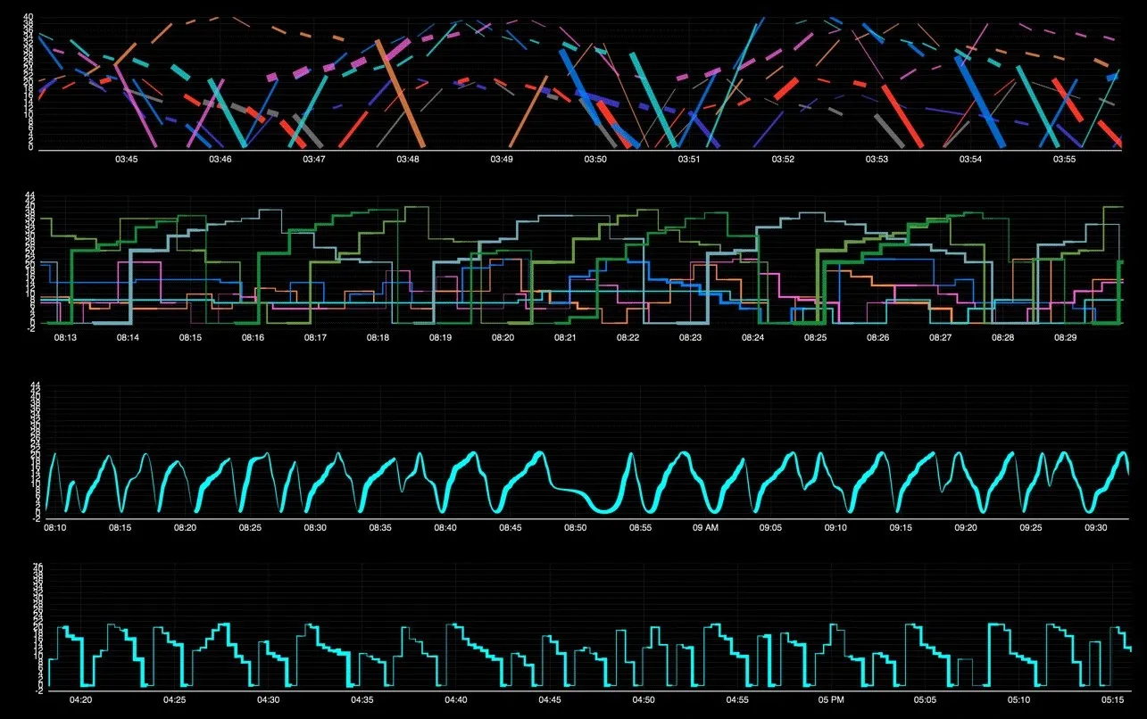 Four studies on black, stacked: short colored diagonal strokes for trips between 03:45 and 03:55; overlapping green, blue and pink step lines from 08:13 to 08:29; a cyan curve swinging between floor 0 and 20 from 08:10 to 09:30; and a cyan stepped sawtooth from 04:20 to 05:15 in the afternoon