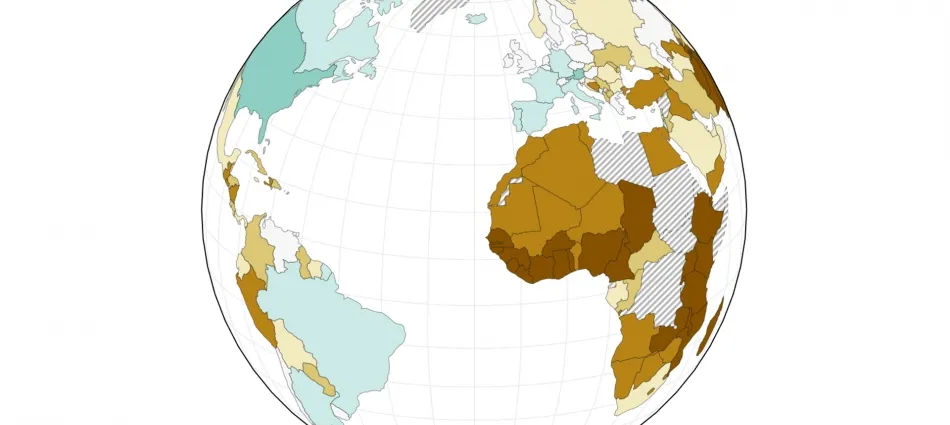 The globe turned toward the Atlantic, with countries in a diverging palette from teal across the Americas and Western Europe to deep ochre and brown across West and Central Africa, and countries without data hatched in gray.