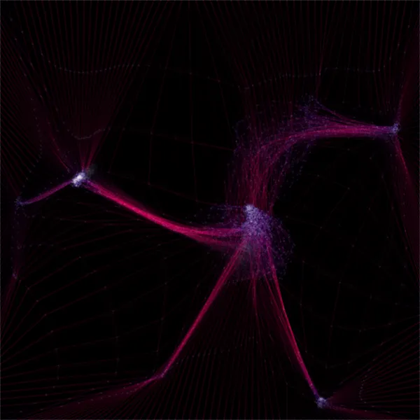 The net in another look: faint magenta lines on black, pulled into glowing white knots joined by bright, taut strands