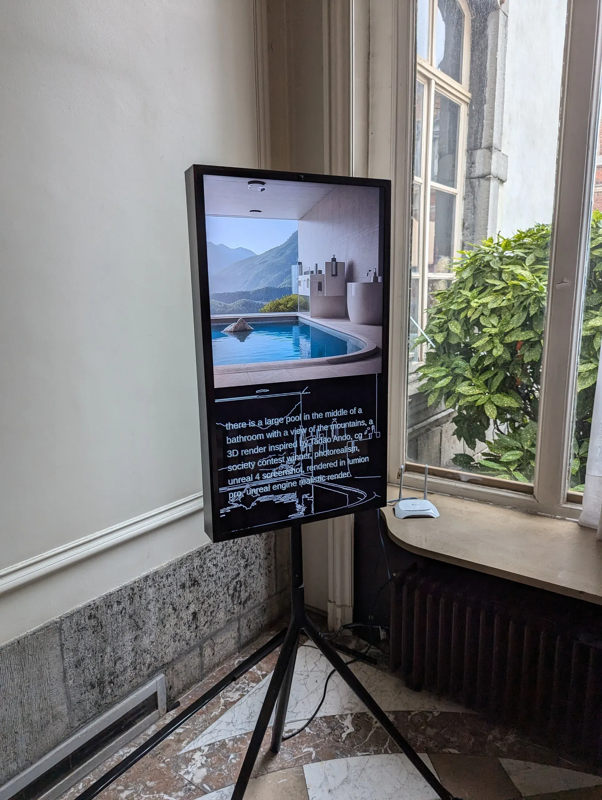 unStable Mirror on its tripod by a tall window: the upper screen shows a generated bathroom with a pool and a mountain view, the lower one the edge map and the caption “there is a large pool in the middle of a bathroom with a view of the mountains, a 3D render inspired by Tadao Ando …”