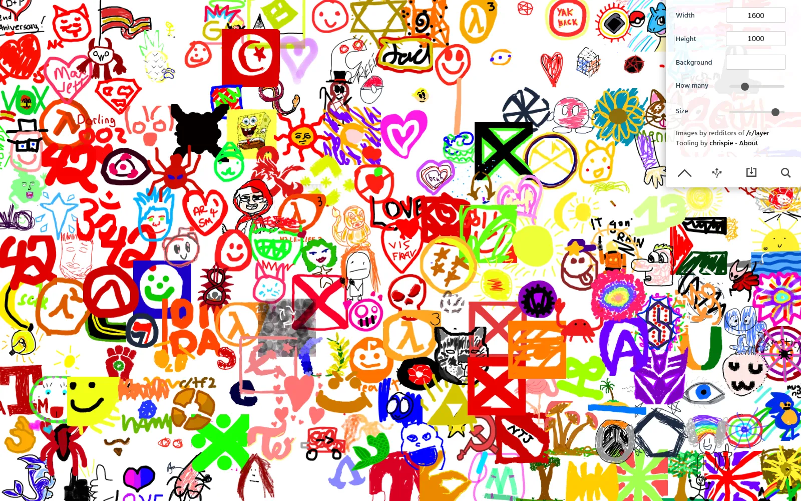 Layerage with a finished collage: hundreds of hand-drawn r/Layer drawings, mostly red, orange and yellow, packed edge to edge on white, among them smileys, hearts, Half-Life lambdas, flags and cartoon faces, with the open menu at the top right showing width and height fields, background color, sliders for how many layers and their size, and icons for random, download and search