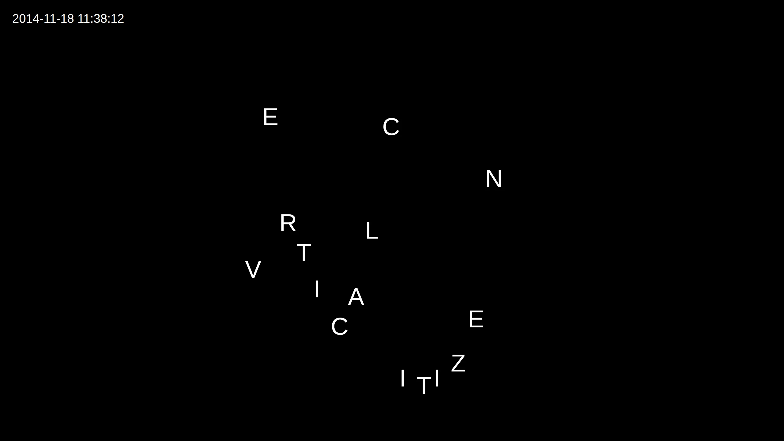 The VERTICALCITIZEN sketch at 11:38 on the replayed 18 November 2014: the fifteen white letters scattered at different heights on black, each riding its own cab, the clock in the top left corner