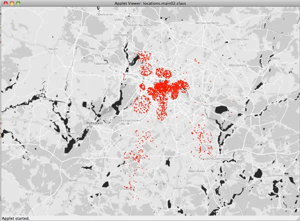 An early Processing applet plotting a log of location points as red dots, clustered over central Berlin and trailing south, on a gray map of Berlin and Potsdam