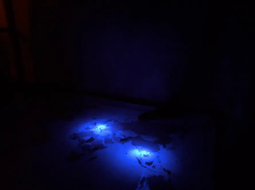 The separate map-lighting exposure: the floor map glows in soft blue patches under the UV light, with no arcs drawn yet