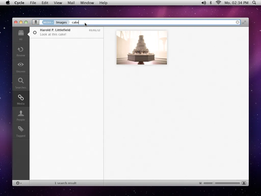 The filter bar holding a "Media" token, "Images" and the typed word "cake": the list narrows to one mail, "Look at this cake!", and the media pane shows its single attachment, a photo of a tiered white cake