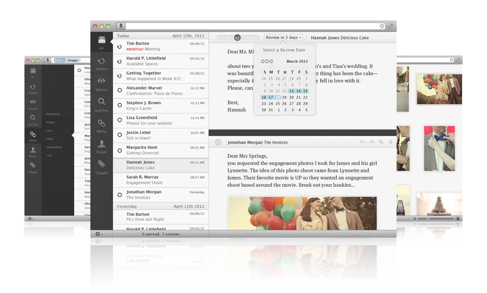 Three Cycle windows layered in perspective: in front, the mail stream with the review calendar open on Hannah Jones’s »Delicious Cake« mail above an engagement photo with balloons; behind it on the left, the media filter menu; on the right, a grid of image attachments