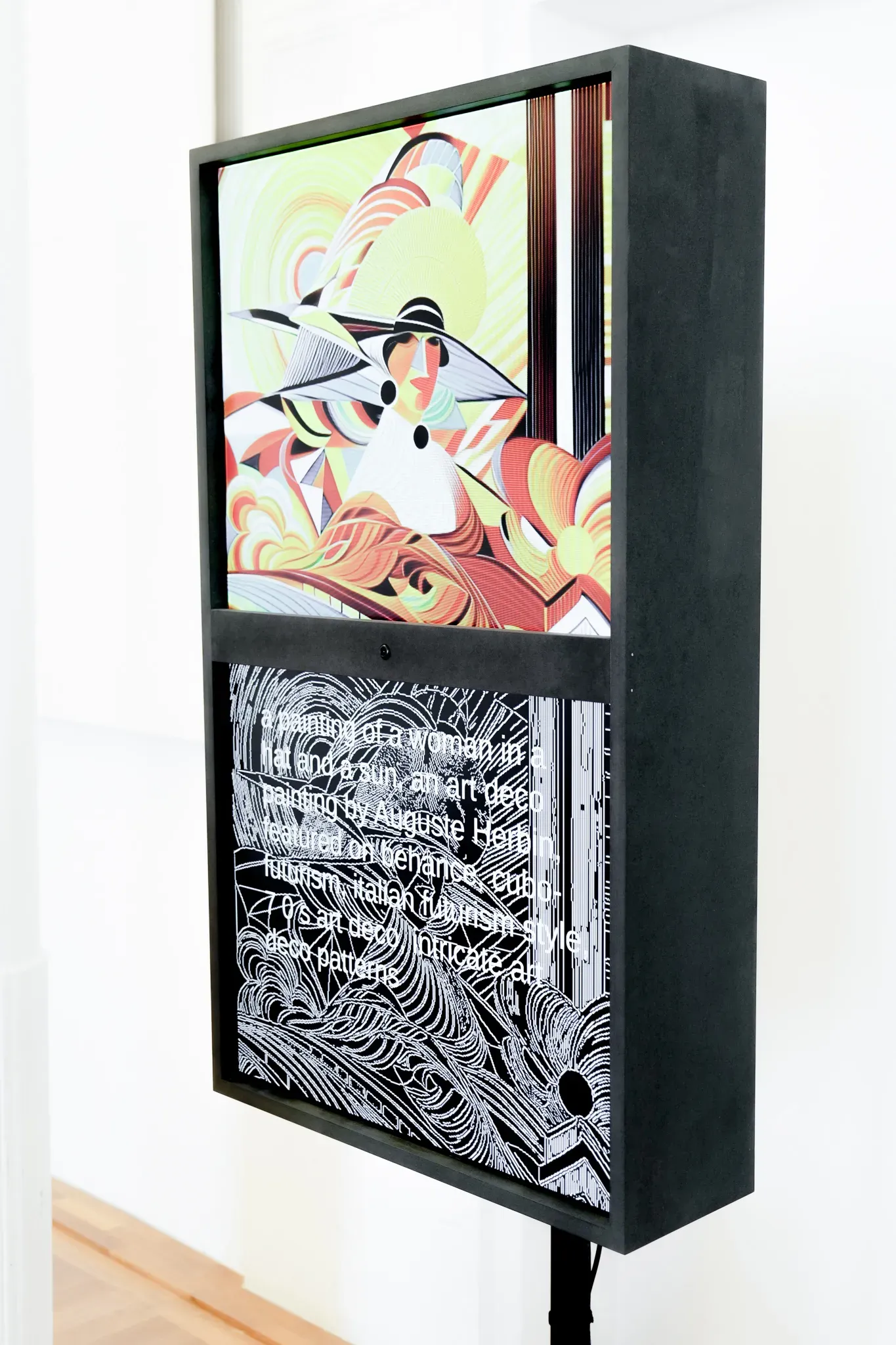 The black mirror frame seen from the side: an art-deco style generated portrait of a woman in a wide hat on the upper screen, the white edge map and the model’s caption on the lower screen, the camera set into the bar between them