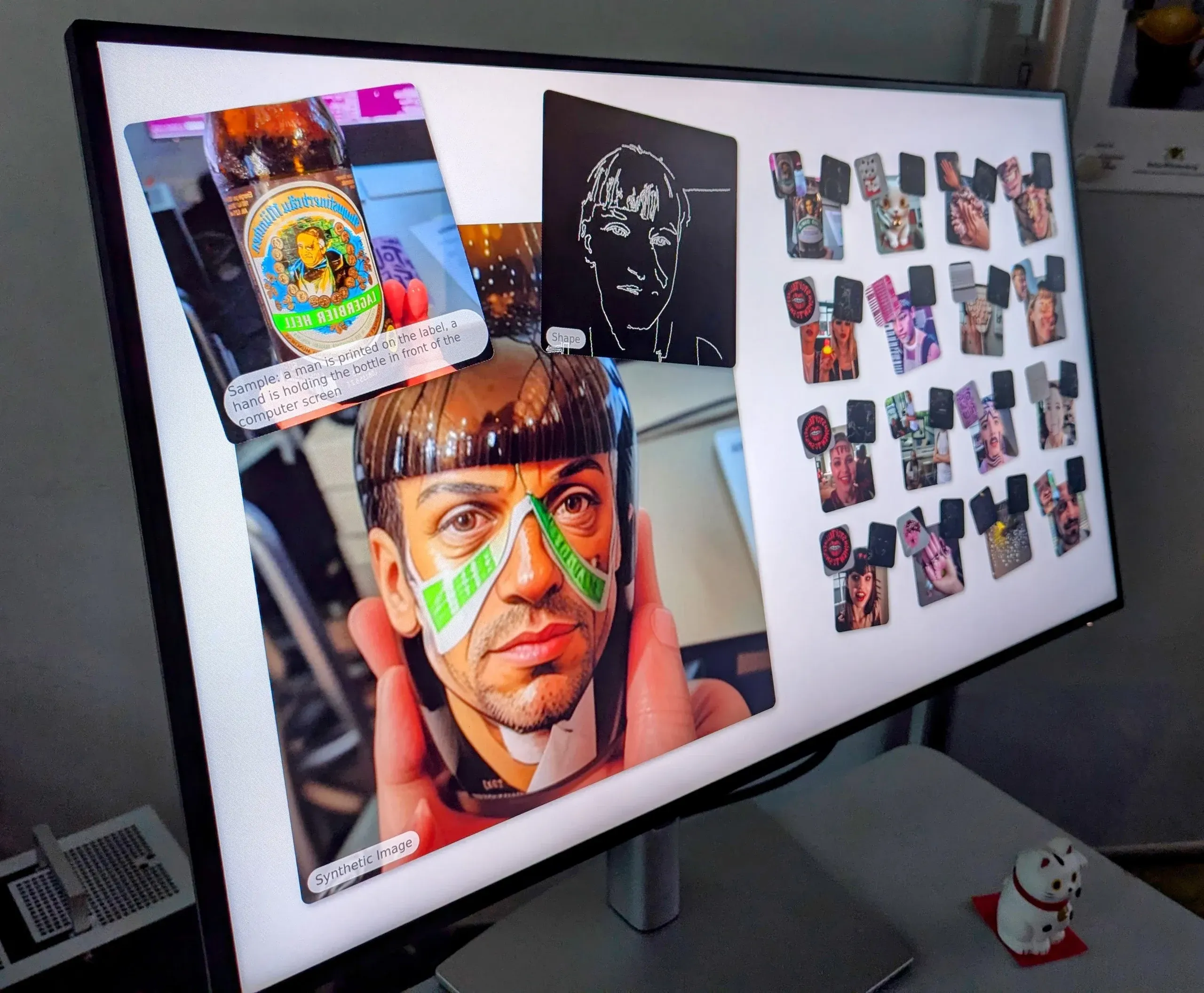 A monitor shows a sampled beer bottle with a portrait label, the edge outline of a face, and the synthetic result: a man’s head held in two hands, a green-and-white strip of the label wrapped across his eyes, beside a grid of earlier results.