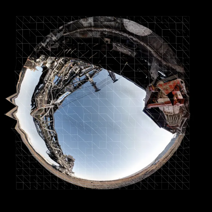 A fisheye panorama of an industrial site, steel girders and a red machine against a blue sky, stretched onto the net so its left rim turns jagged and warped, the triangle mesh showing faintly on top.