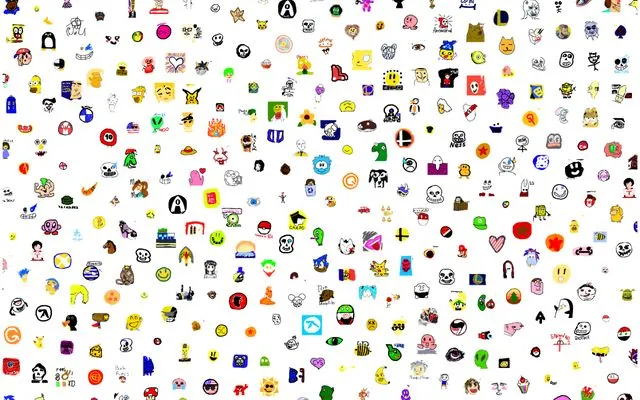 An early collage on white: a loose grid of small r/Layer drawings, mostly round faces, skulls, cartoon characters and emblems, spaced evenly apart