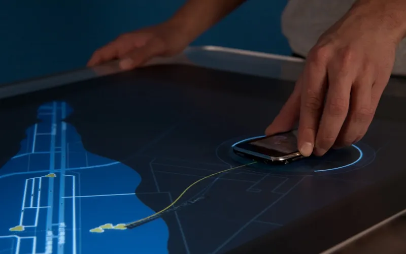 One hand sets a phone into a glowing ring on the dark map while the other grips the table’s rim; a thin yellow Snapper line curves from the phone to a cluster of yellow place markers on the blue liquid