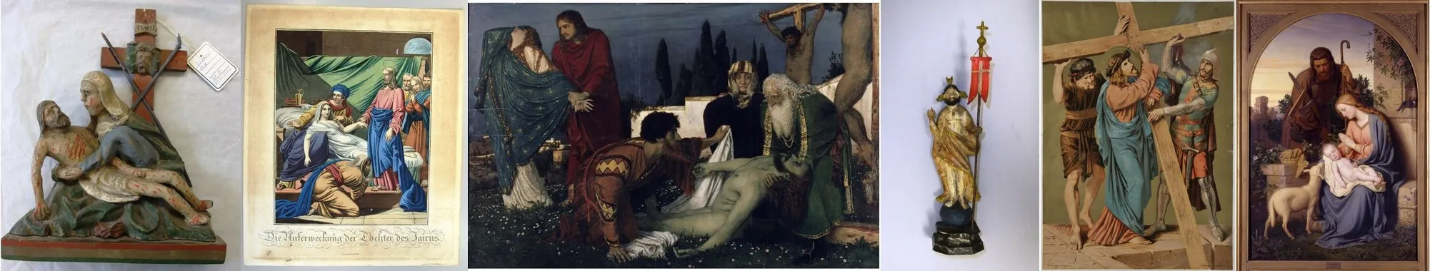 A painted wooden Pietà group with a cross and an inventory tag, followed by its five nearest neighbors by image features alone: a hand-colored etching of the raising of Jairus’ daughter, Arnold Böcklin’s painting of the lamentation beneath the cross, a small carved figure of the risen Christ with a red banner, a chromolithograph of Jesus lifting the cross, and Franz Ittenbach’s painting of the Holy Family in Egypt
