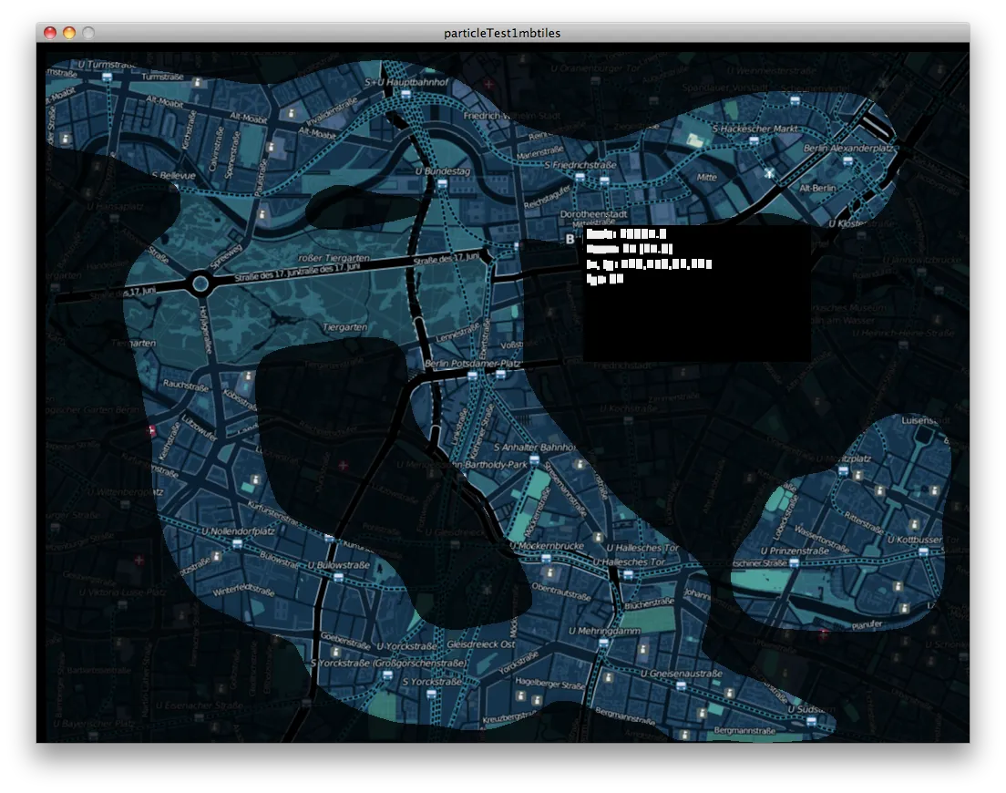 A Processing test window titled particleTest1mbtiles: a dark teal street map of central Berlin shows through a winding liquid-shaped band while everything around it stays dimmed, and a black debug box with pixelated text sits near the top