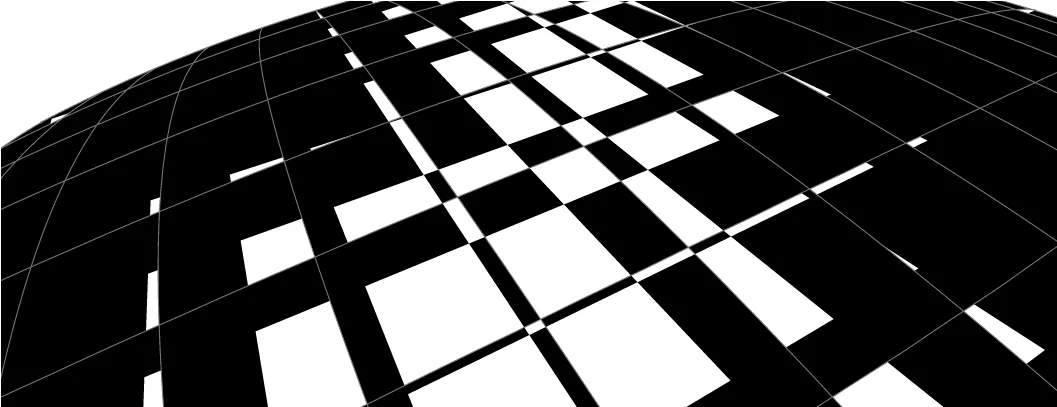 A tilted globe whose graticule cells are filled in black and white, turning the curved grid into a warped checkerboard