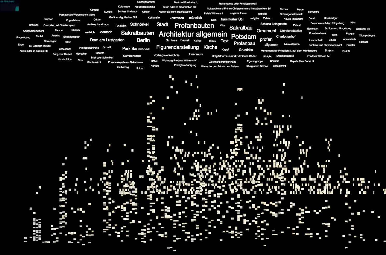 A prototype that scatters the drawings as small cream-colored tiles across a black field, under a cloud of white keywords such as »Architektur allgemein«, »Potsdam« and »Sakralbauten«, with a frame-rate meter in the top-left corner