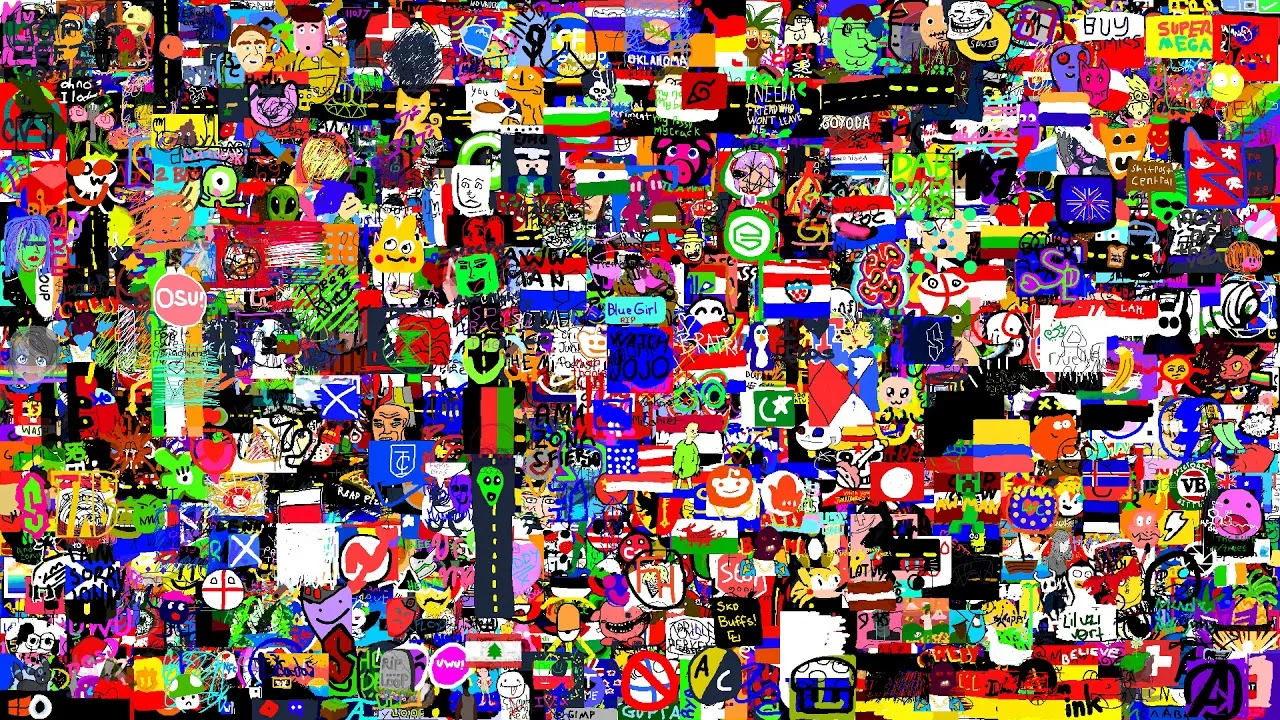 A dense frame of the r/Layer canvas: hundreds of small user drawings, flags, faces, logos and scribbles packed edge to edge in saturated colors