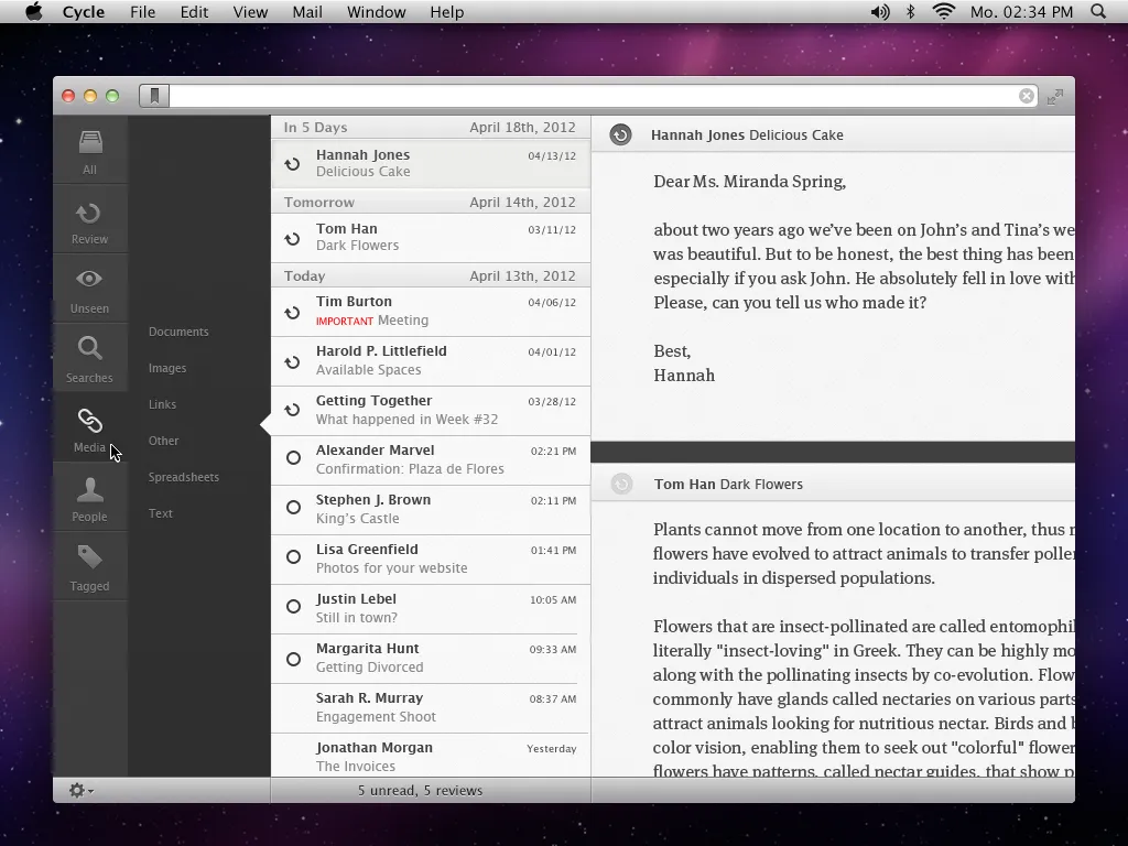 Hannah Jones’s mail now sits at the top of the stream under »In 5 Days, April 18th, 2012« with a review icon, while the Media button in the dark sidebar opens a submenu of Documents, Images, Links, Other, Spreadsheets and Text