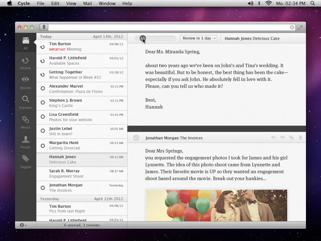 The cursor on the review slider at the top of Hannah Jones’s mail, its label reading »Review in 1 day«; in the stream on the left, the first three mails carry the circular review arrow