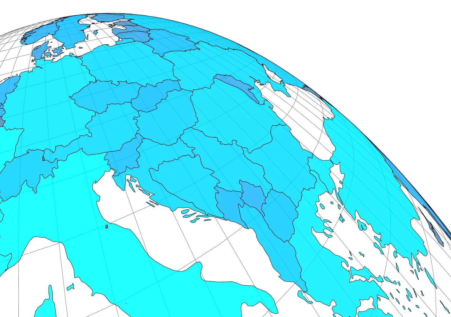 Europe seen at a steep angle as if from a satellite, the countries filled in shades of cyan and blue under a fine graticule, the curve of the globe cutting across the top right