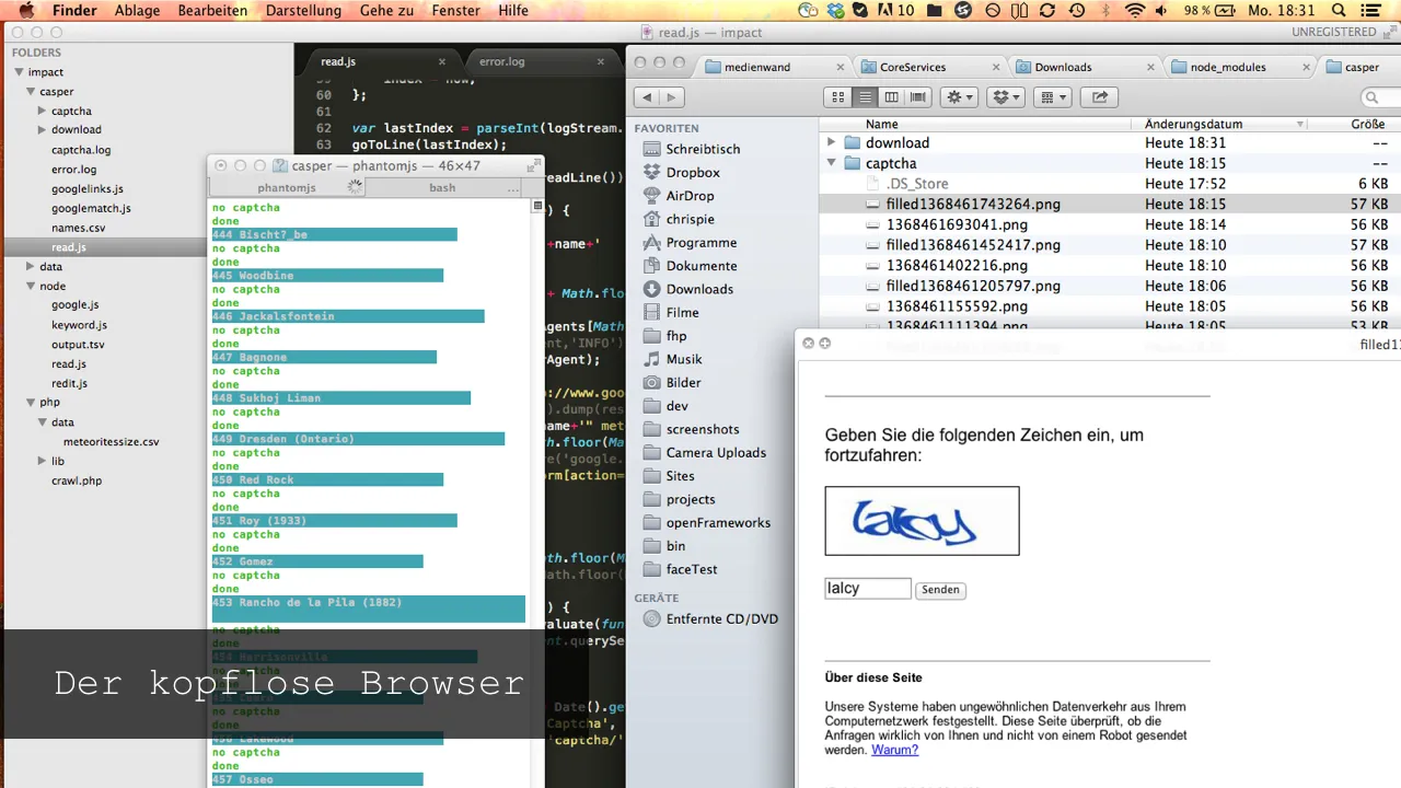 Slide »Der kopflose Browser« (the headless browser) from the course presentation: a PhantomJS log ticking through meteorite names with "no captcha" and "done", a folder of saved captcha screenshots, and Google’s German unusual-traffic page with the captcha "lalcy" typed in