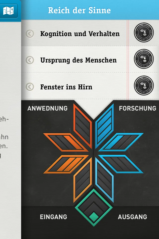 App screen “Reich der Sinne”: collected sections listed at the top, below them a star-shaped exhibition map in orange and blue with the zones Anwendung, Forschung, Eingang and Ausgang