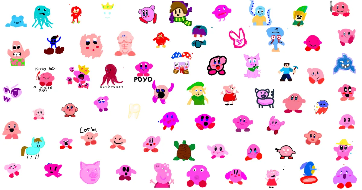 Layerage collage on white: dozens of r/Layer drawings grouped as similar, mostly round pink characters (many Kirbys, Peppa Pig, Patrick Star), with an octopus, a turtle and a jellyfish mixed in