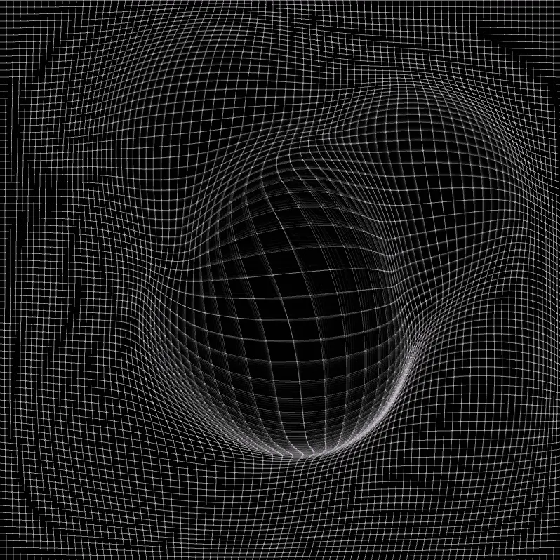 A fine white grid on black, pulled into a single deep round hollow by one touch point.