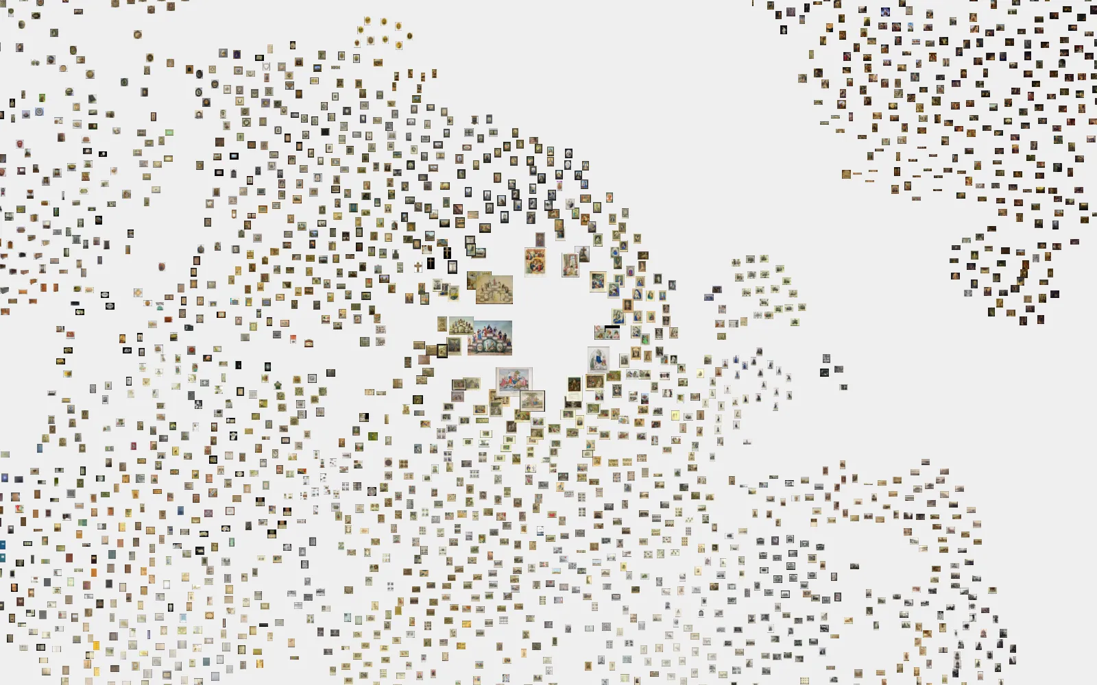 Observable fisheye prototype: a zoomed UMAP cloud of thousands of tiny museum images on light gray, with a handful of thumbnails near the center, colored religious prints among them, magnified to several times their neighbors’ size.