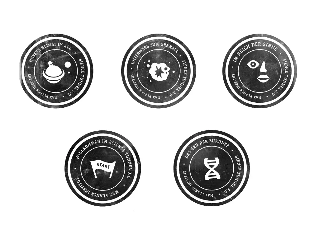 Five round stamp faces designed for the Science Tunnel 3.0 (a planet, a burst, a face, a START flag and a DNA helix), each ringed with its section title and the exhibition name