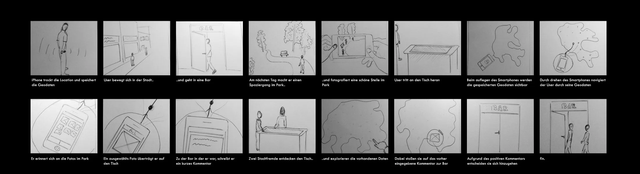Pencil storyboard in 16 panels with German captions: a phone logs a man’s walk through the city, into a bar and, the next day, a park he photographs; at the table his phone pours out his traces and he adds the photo and a comment on the bar; later two strangers to the city find the comment and decide to go