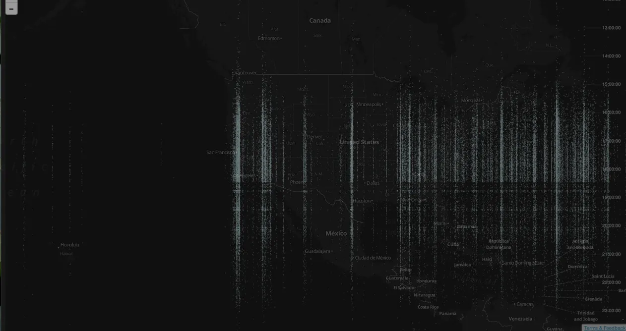 Prototype with the US data: fine cyan streaks laid over a dark map of North America, a thin horizontal seam crossing all of them, and an hourly time axis from 13:00 to 23:00 along the right edge