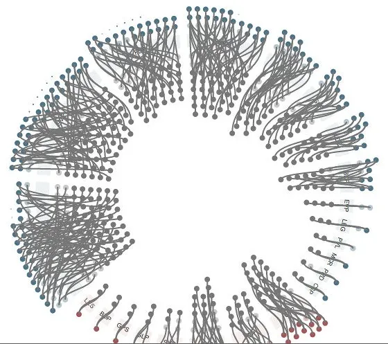 A prototype ring in which curves link every inner gray dot to an outer blue one, forming a dense tangle all the way around, with the party labels barely readable underneath.