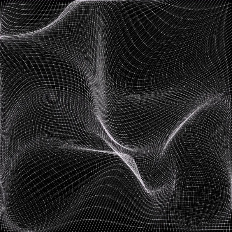 A fine white grid on black, dragged by several touches into long diagonal folds and waves, its lines bunching into bright seams where the mesh is pinched.