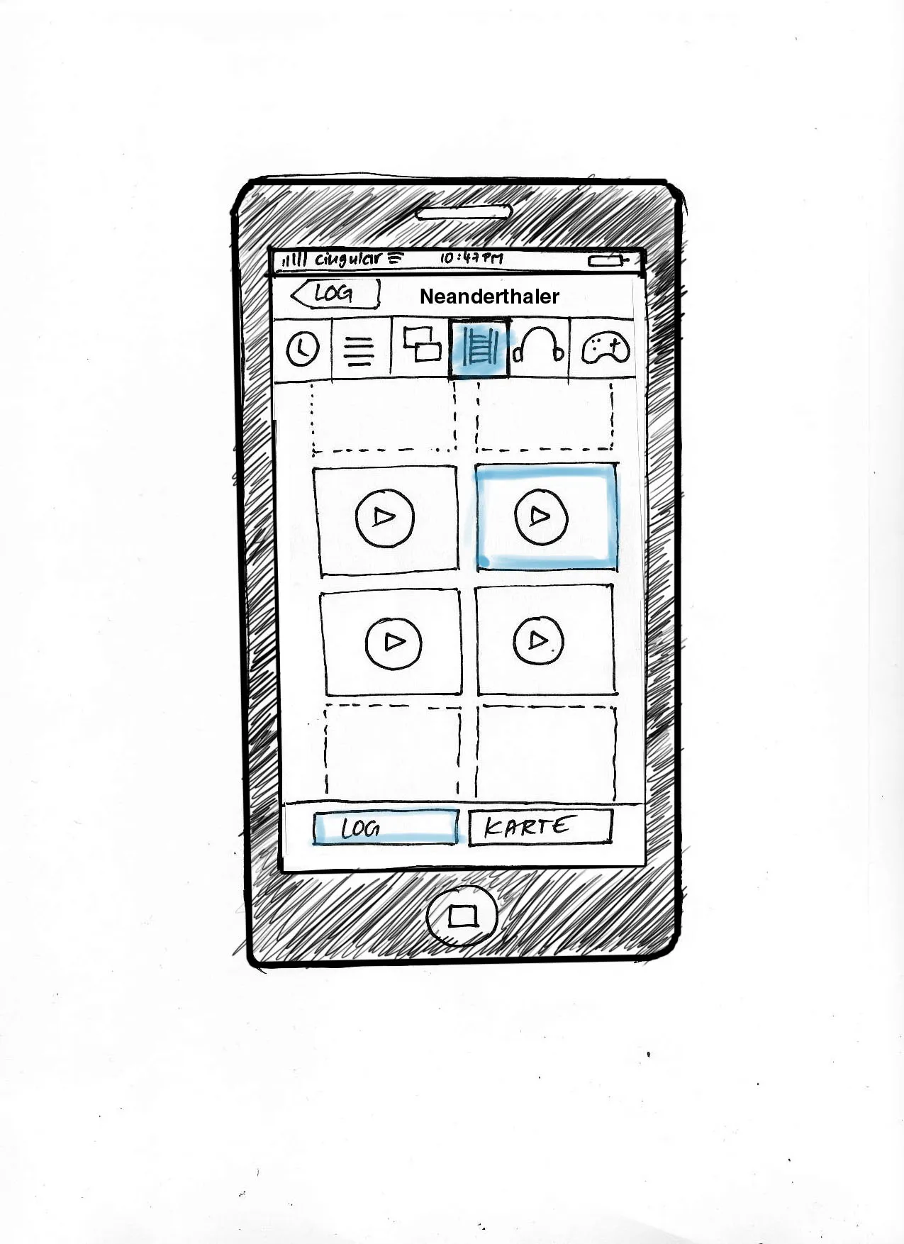 Pencil wireframe of an entry page for “Neanderthaler”: a row of media icons with the film tab highlighted in blue, and a grid of four video tiles with play buttons, one of them highlighted